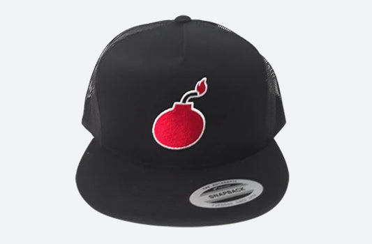 FLAT BILL BLACK SNAPBACK TRUCKER HAT WITH BOMB LOGO - Bomber Eyewear Nz