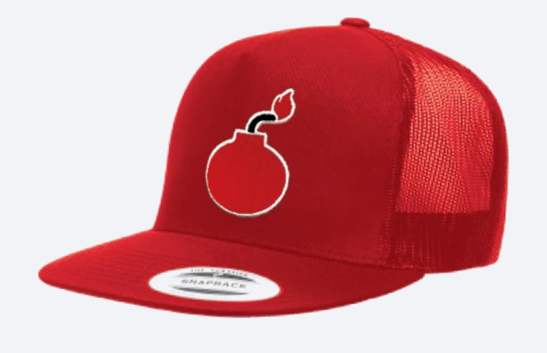 FLAT BILL RED SNAPBACK TRUCKER HAT WITH BOMB LOGO - Bomber Eyewear Nz