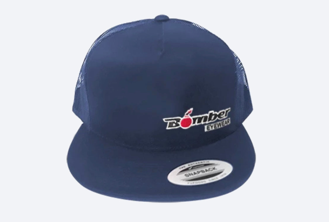 FLAT BILL NAVY SNAPBACK TRUCKER HAT WITH BOMBER LOGO - Bomber Eyewear Nz