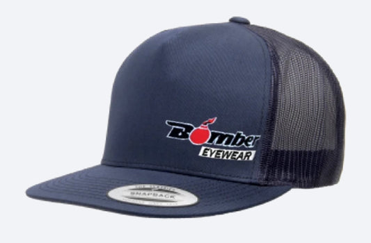 FLAT BILL NAVY SNAPBACK TRUCKER HAT WITH BOMBER LOGO - Bomber Eyewear Nz
